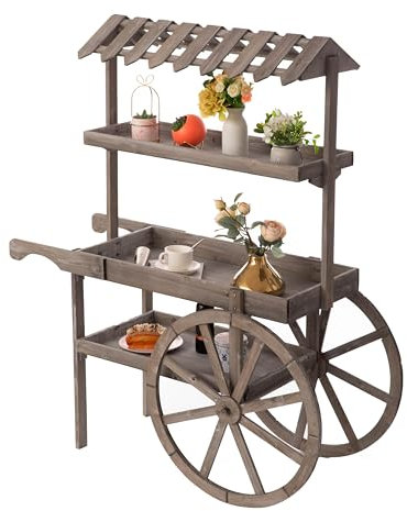 Vintiquewise Antikes rustikales Massivholz-Dekor-Ausstellungsregal, Wagen aus Holz, Pflanzenständer, 3 Etagen mit Rädern für Display, Holzwagen mit Regalen für Pflanzen und mehr