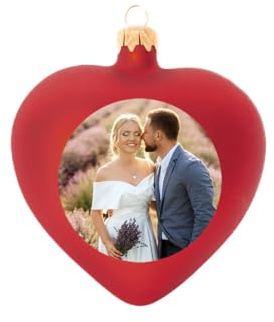 Weihnachtskugel in Herzform individuell mit ihrem Text oder Foto Bedruckt - Ø 9cm aus Glas - Christbaumkugel mit Digitaldruck (Seidenmatt) (Rot, 1)