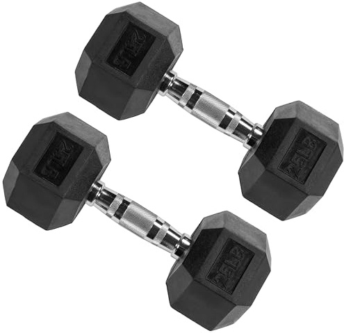 Signature Fitness Premium Rubber Encased Hex Dumbbell, 25-Pound Pair