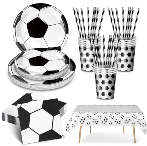 61 Stück Fußball Partygeschirr Set, Fussball Deko Geburtstag Kinder, Geburtstagsparty-geschirr mit Fußball motto, Enthält Papierteller Becher Servietten Tischdecke Strohhalme, für 10 Gäste