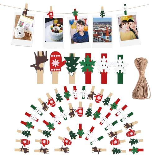 Clips Photo en Bois de Noël,50 PCS Mini Pinces à Linge,Mini Pince a Linge Bois,Petite Pince a Linge Wood,Attache Decoration Noel,Affichage d'image,Photo Décorative à Suspendre