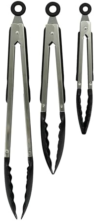 Zenker Kitchen Tongs, Pack of 3, Plastic Scalloped Function Head | Small Medium Large, Push Pull Locking, Non-Slip Easy Grip Handle, Heat-Resistant Serving Buffet Salad BBQ Ice, Black & Silver