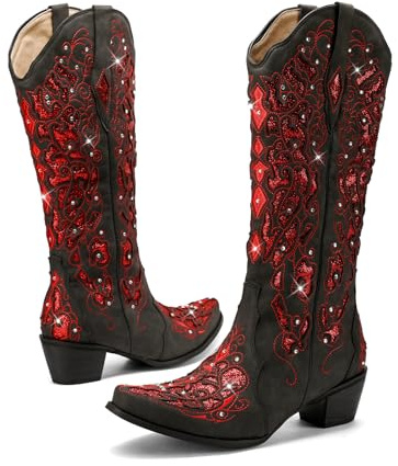 LingxiaUne Red Cowboy Boots for Women, Sparkly Glitter Cowgirl Boot Rhinestone, Comfortable Low Block Heel Western Boot with Mid Calf and Pointed Toe for Dressy Woman Size7