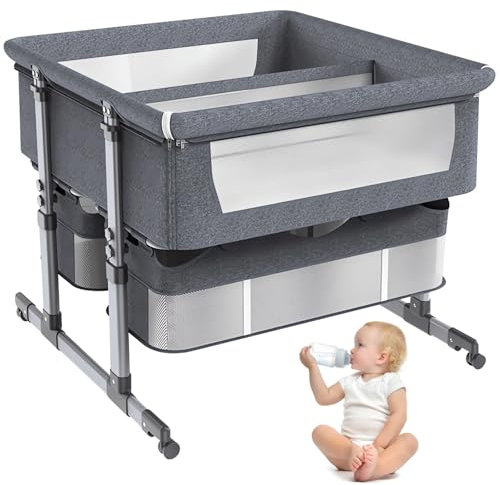 STRTG Babybett Für Zwillinge, Baby-Beistellbett, 6-Fach Höhenverstellbar, Leicht Zusammenklappbar, Tragbares Babybett Mit Wiege Für Säuglinge, Neugeborene, Babys Und Mädchen Gray