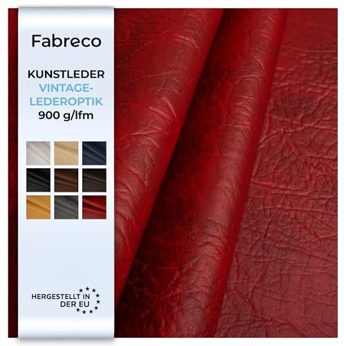 Fabreco - KUNSTLEDER Meterware MAMMUT (1 M x 140 cm) – Lederimitat in Lederoptik - Polsterstoff & Bezugsstoff Meterware für Möbelstoffe - Stoffe für Stühle Beziehen (Rot)