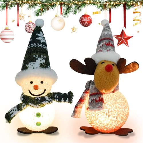 Skeadex Weihnachtsdeko innen,2 Stück Mini Schneemann Figur mit LED Licht Klein Elch Weihnachtsfiguren Beleuchtet LED Schneemann Deko Batteriebetrieben für Weihnachtsdeko Innen Tischdeko Kamin Büro(I)