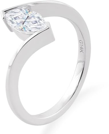 KnSam 14K Weiß Gold Au585 Eheringe Echter Schmuck, Klassiker Solitär Antragsring mit 1ct Moissanit Marquise, Gold 585 Bandringe, Gr.60 (19.1)