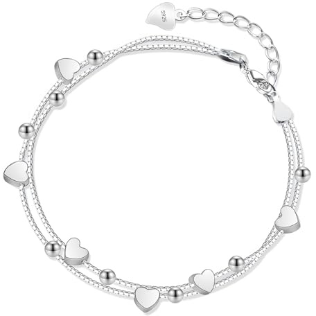 Leikedun Silver Heart Bracelet for Women 925 Sterling Silver Bracelets Double Layered Adjustable Charm Bracelets Friendship Bracelet for Girls Women's Jewellery