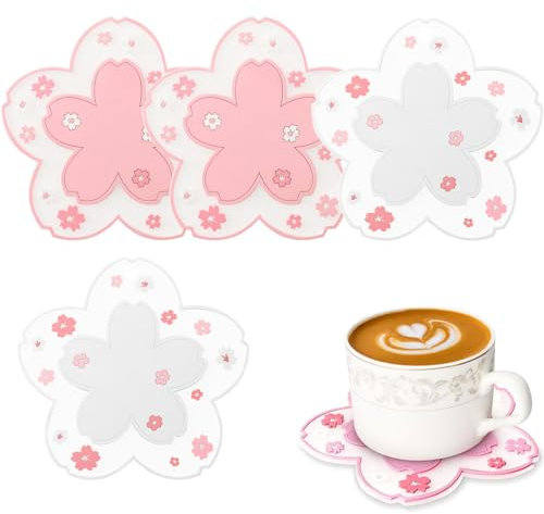 Sottobicchieri in silicone, 4 pz Cherry Blossom Coasters PVC, per Bevande, Antiscivolo Sottobicchiere da Tavolo, Carino Sakura Fiore Modello Sottobicchiere, per Bevande, Tazze e Bicchiere, Rosa bianco