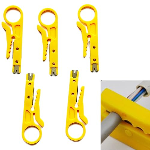 Syiyunran Spelafili Tagliacavi Pinza Crimpatrice - 5 Pezzo, Giallo, Puntalini Elettrici a Crimpare Capicorda, Coltello Multifunzionale Piccola Spelafili, Spelacavi Strumento Filettatura