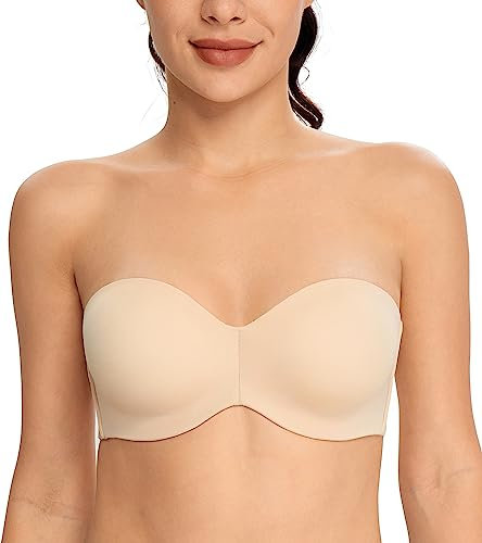 DotVol Women's Unpadded Seamless Anti-Slip Strapless Bandeau Plus Size Underwire Minimizer Bra(Beige,38DD)
