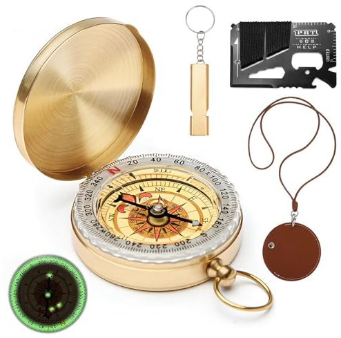 QMLING 4 Stück Messing Kompass Outdoor Set, Wasserdicht Kompass mit Fluoreszenz, Multitool Karte mit Lederetui und Pfeife, Tragbarer Taschenkompass für Kinder Erwachsene Outdoor-Aktivitäten