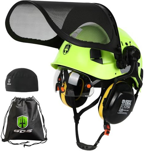 GREEN DEVIL Casque de protection pour tronçonneuse - Certifié EN397 - Système 5 en 1 avec protection du visage en maille - Visière et cache-oreilles intégrés - Ventilé - Pour le travail du bois et le
