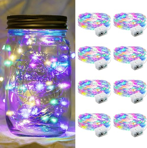 chzk 8 Pack Fairy Lights 7Ft 20 LED Twinkle String Lights 3 Modes Battery Operated Waterproof Firefly Starry for Mason Jar Party Wedding Easter Valentines Day Table Centerpieces,Rainbow-Pastel