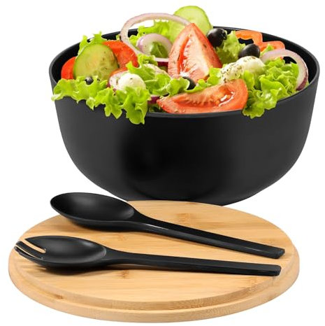 LuLobtg Salad Bowl Bamboo Mixing Bowls with Grooved Lid, 25cm Wooden Food Serving Container with Spoon and Fork for Fruits Pasta Snacks(Black)