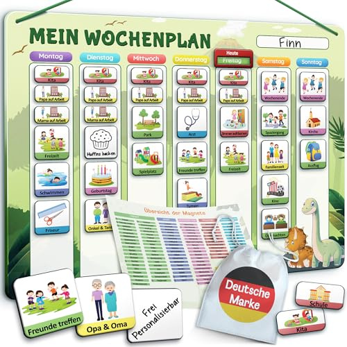 LIKARTO Wochenplaner Kinder - Montessori Aufgabenplaner & Magnettafel, Grün | Magnettafel mit über 190 Magneten, beschreib- und abwischbar, für Termine, Aktivitäten, Routinen, individuell anpassbar