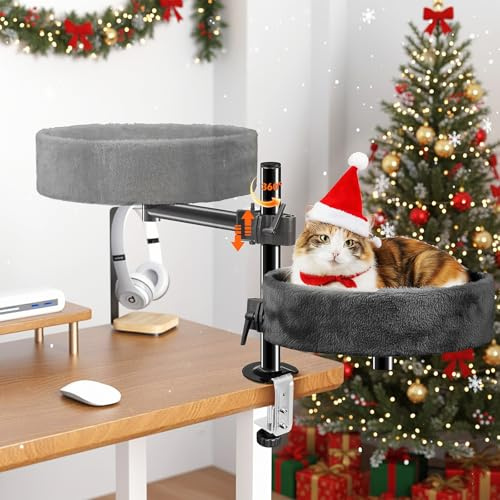 BSWAY Katzenbett für Schreibtisch - Upgraded 360°Drehung, verstellbare Höhe, Kein Bohren Erhöhtes Katzenhaus über Schreibtisch Hält Kätzchen Katze nah und Arbeitsbereich Klarer Tisch-Katzenbett