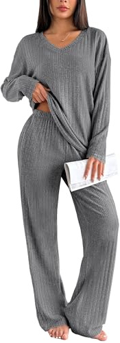 Ekouaer Pigiama Donna Invernale in Maglia a Coste Manica Lunga, Grigio XXL