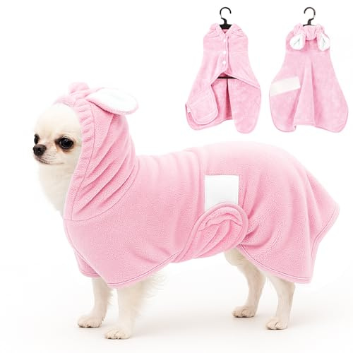 Fnaobai Accappatoio per animali domestici per cani e gatti, super assorbente, con cappuccio, collare regolabile e cinghia per la pancia, per animali domestici da XS a XL (rosa, S)