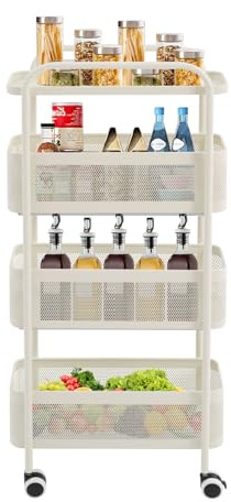 Carrello a rotelle a 4 piani, sottile, multifunzione, portatile, ruote universali e piedini antiscivolo, per nicchia per soggiorno, cucina, bianco
