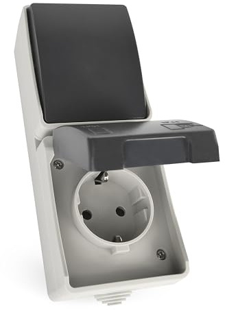 EMOS - Wechselschalter und Steckdose mit Schutzkontakt - Aufputz-Kombination Schuko-Steckdose und Schalter zur vertikalen Wandmontage - 250 V~/16 A max., IP44 für Feuchtraum und Außen - Schwarz-Grau