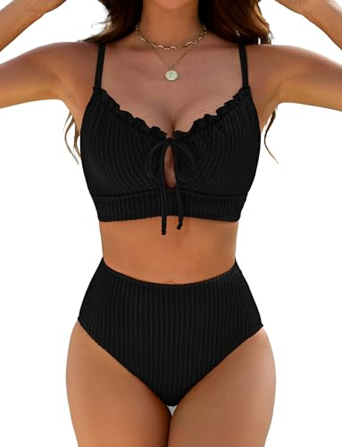 BMJL High Waisted Bikini Sets for Women Textured Tummy Control Swimsuits Two Piece Cutout Beach Swim Bathing Suits(L,Black)