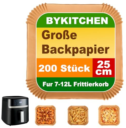 BYKITCHEN Airfryer Backpapier 25x25cm für 8L–12L, 200 Stück | Eckige Papier-Auflaufform, Antihaft Heißluftfritteuse Backpapier für Russell Hobbs XXL 8,3L genannt, für Mikrowelle Backofen