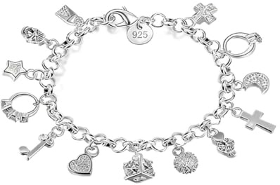925 Sterling Silver Charm Bracelet with Multi-Pendants,Cross, Star, Heart, Moon, Crystal - Sterling Silver Charm Bracelet with Elegant Chain Design,Bracelet with Charm,sterling silver charm