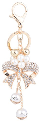 LUOEM Schleife Strass Taschenanhänger Schlüsselanhänger Schlüsselbund mit Perle Gravur für Auto Tasche Schlüssel Geldbörse Rucksack (Golden)