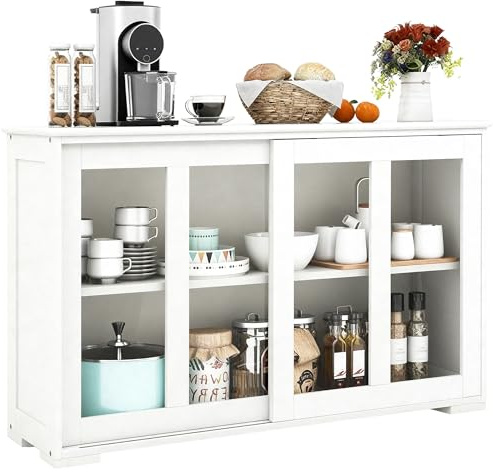 HOMCOM Sideboard Buffet Cabinet, Stackable Credenza, Coffee Bar Cabinet with Sliding Glass Door and Adjustable Shelf, White