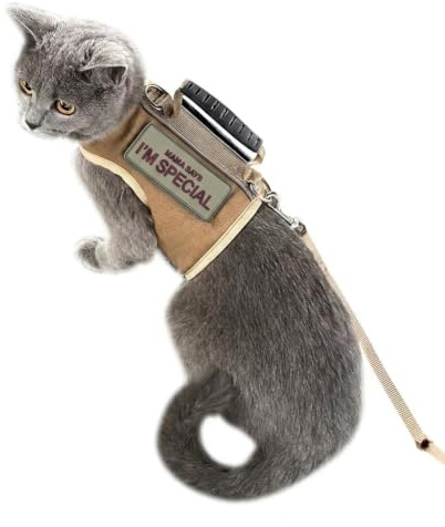 Tactical Cat Harness and Leash for Walking Escape Proof, Adjustable Cat Walking Jackets, Padded Stylish Cat Vest Khaki Large