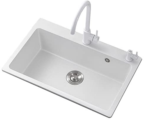 Lavello da Cucina a Una Vasca in Pietra di Quarzo Bianca con Rubinetto Combinato, postazione di Lavoro in Cucina di Alta Gamma Realizzata a Mano per lavello da Bagno