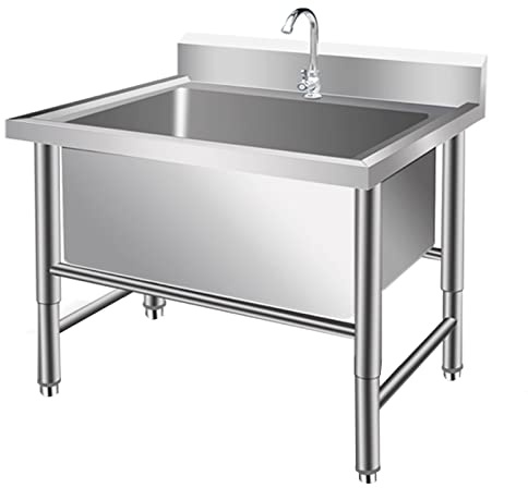 LBONG Freistehende Edelstahl Spülbecken Große Waschbecken Gewerbliche Waschtrog Gartenwaschbecken mit Wasserhahn(80X60X80cm/31.4X23.6X31.4in,11.8 Deep)