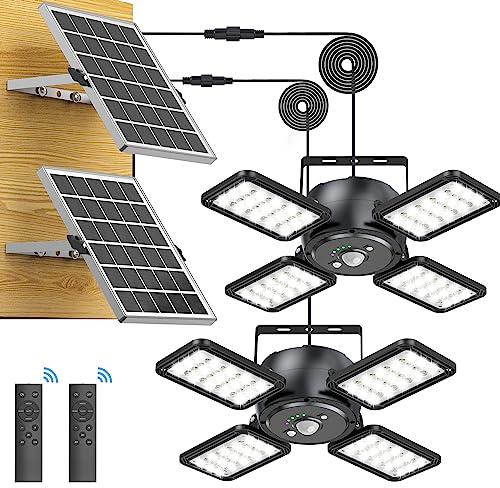 Latband Solar Shed Light Outdoor Indoor Solar Powered Motion Sensor Pendant Light,144LED 1200LM Daytime Work with 5 Modes & Remote Control 4 Heads IP65 Waterproof for Garage Barn Shop 2 Pack