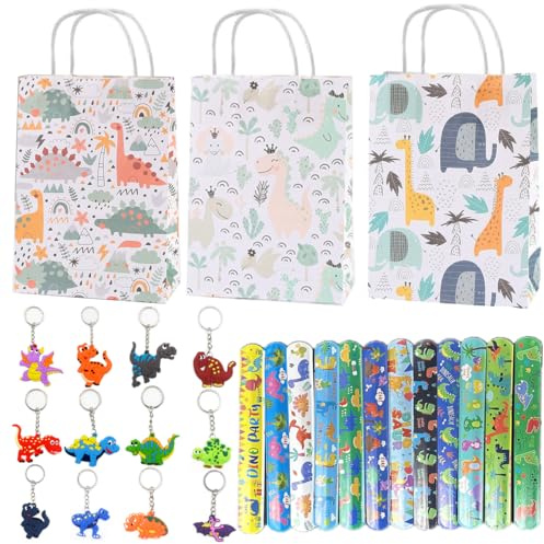 GDVONE 12 Geschenktüten Dinosaurier Papiertüten mit Henkel Klein, Snap Armbänder Dinosaurier und Schlüsselschnalle, Papiertüten Taschen für Kinder Dinosaurier Party Geburtstag Halloween (Dinosaurier)