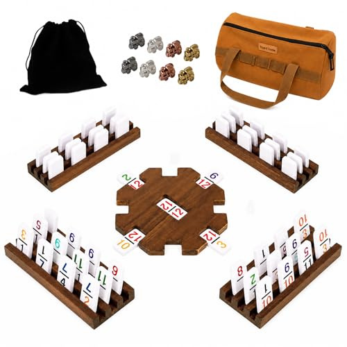 Dreamplay Mexican Train Dominoes Set med Trähuv, 91 Brädspel inklusive Metalltrain Markörer Färg Prick Dubbel Tråd 4 Träprofiler för Familj Game Night