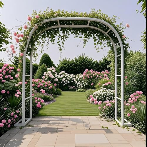 Arche de jardin en métal pour plantes grimpantes, treillage réglable de 120 à 200 cm, tonnelle de mariage, support de rose avec base, blanc (l 350 x H 250 x P 40 cm)