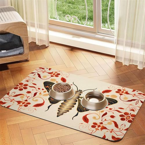 WZYCWB 30x45cm Vintage Insect Pattern Printed Pet Absorbent Placemats - Non-Slip Food Mats for Dogs and Cats Food Bowls and Water Placemats