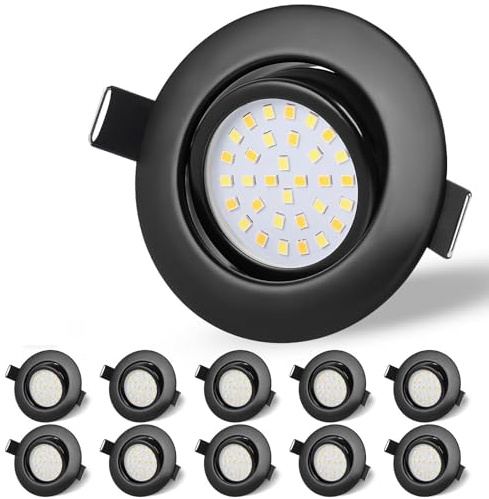 GeyouLux LED Einbaustrahler 230V IP44, 65-75mm EinbauØ Dimmbar Deckenspots | 6W 45° Schwenkbar Einbauleuchten 3000K Warmweiß 4000K Neutralweiß 6500K Kaltweiß Ultra Flach Einbauspots, 10er Set Schwarz