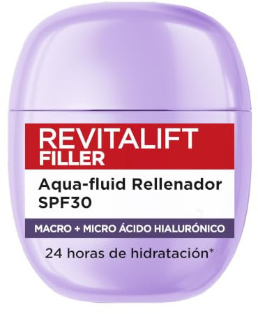 L'Oréal Paris Revitalift Filler Aqua-Fluid Ácido Hialurónico, 40ml | Textura Ligera, con FPS30 y Niacinamida que Hidratan, Protegen y Rellenan la Piel, Revitalift