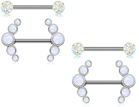 Mayhoop 2 Paires Piercing Téton Mamelon Acier Chirurgical Argent Boule de Cristal Opale Anneaux de Téton Mamelon Barbell Bijoux de Piercing