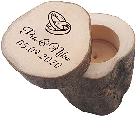 SNEG Ringkissen/Ringbox aus Holz mit Schiebedeckel + persönlicher Gravur | Hochzeit | Schatulle | Etui für Eheringe (Motiv 04 - Ringe klassisch)