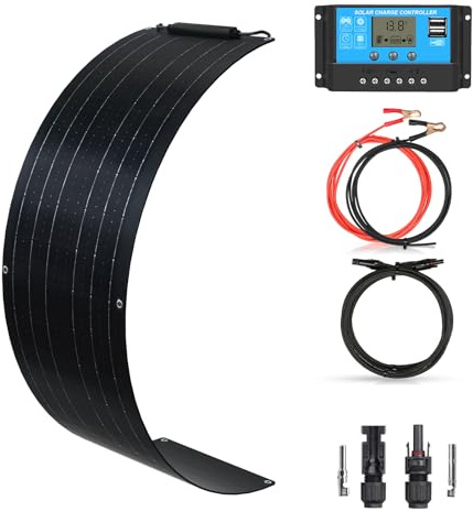 XINPUGUANG Kit Panneau Solaire Souple 50W 12V pour Bateau Voiture Caravane | Type N, rendement élevé de 25 %, 115 cm × 24 cm (L × l), PET transparent, feuille arrière noire