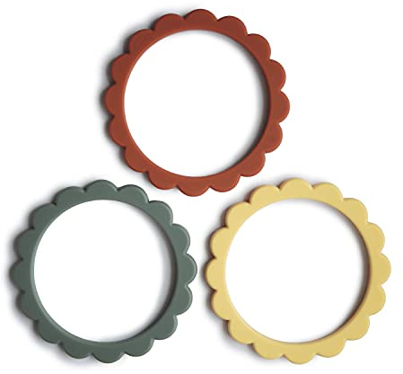 Mushie Blumen Beißringarmbänder | Zahnungshilfe für Kinder | 3er-Pack | Sichere & Hochwertige für Baby, Kleinkinder Kinder Jungs & Mädchen | Sunshine/Dried Thyme/Clay
