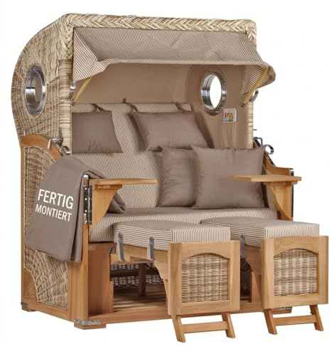 MR. DEKO® Strandkorb Düne Teak 2-Sitzer Bullauge | PE Geflecht Shell | Volllieger Strandstuhl verstellbar | inkl. 4 Kissen Wechselpolster | Strandkörbe fertig montiert aus Teakholz | (Dessin 510)