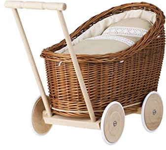e-wicker24 Alles aus Weide Puppenwagen aus Weide mit Bettwäsche perfekte Geschenkidee Korbpuppenwagen schöner Spielzeug aus Korbgeflecht Korbwagen für Puppen Spielzeug für Mädchen (Beige)