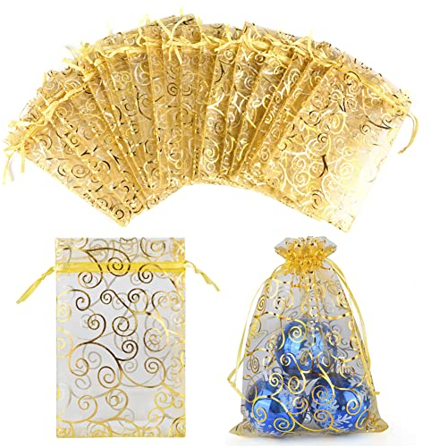 CLTPY 100 Stück Gold Organzasäckchen 15x20 cm Druck Schmuckbeutel Organzabeutel Geschenkbeutel Hochzeit Säckchen mit Kordelzug für Festival Geburtstag Party