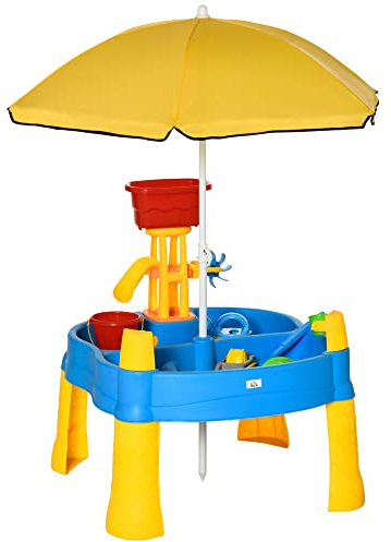 HOMCOM Sand- und Wasserspieltisch 2-in-1-Tischspielset für Sand- und Wasseraktivitäten im Freien 25 teiliges Strandspielzeug-Set mit Sonnenschirm Kinder Wasserspielzeug Wasserbahn draußen