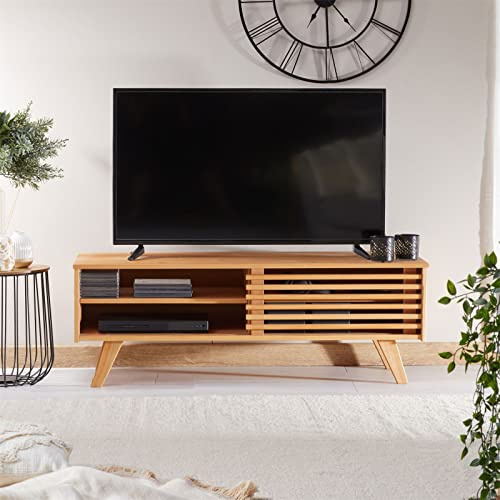 IDIMEX TV Lowboard Sean 115 cm, Eiche Finish - TV Kommode aus Kiefer Massivholz, 2 große Fächer für Stauraum, Schiebetür mit Lamellenfront
