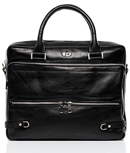 FERGÉ große Laptoptasche echt Leder - 15.4 Zoll Laptop Business-Tasche ENZO - Umhängetasche Aktentasche mit Laptop-Fach - Ledertasche Herren und Damen schwarz handgefertigt